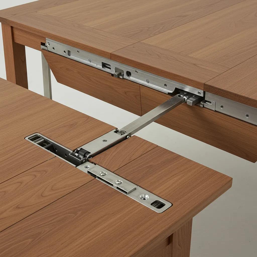 Close-up of different extension mechanisms for dining tables, highlighting functionality and design