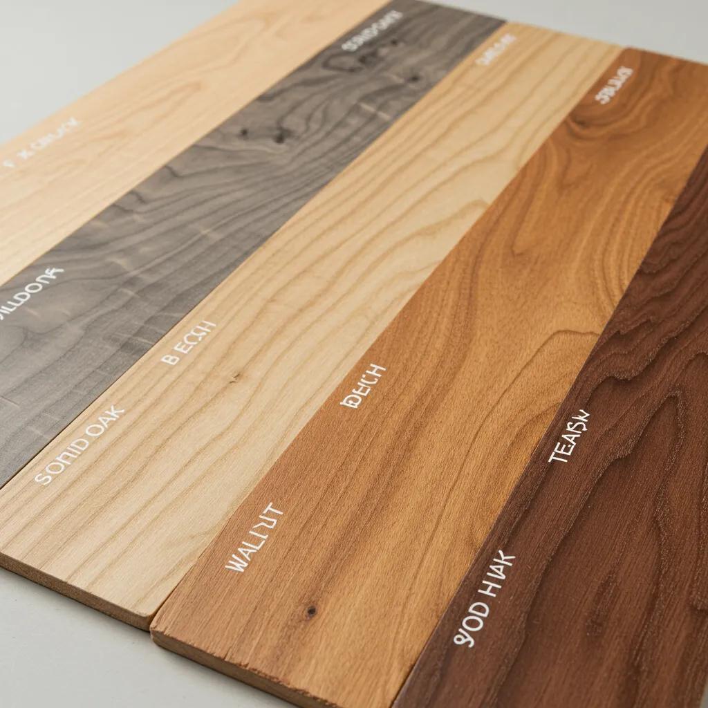 Close-up of various wood types for upholstered armchair frames, highlighting textures and colors