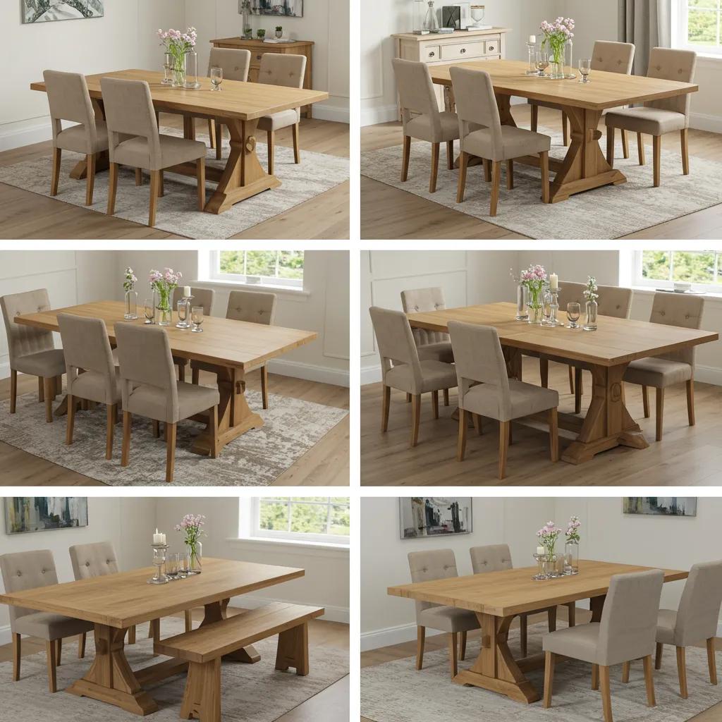 Collage of oak dining table styles in different home environments showcasing modern, rustic, and farmhouse designs