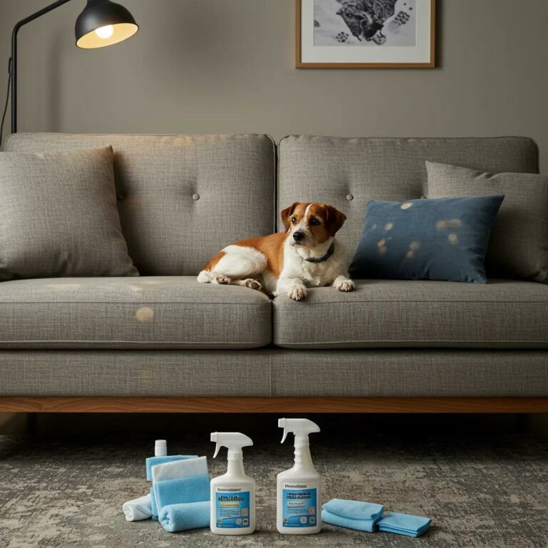 Cozy living room with a handcrafted sofa showing pet stains and a cleaning kit, highlighting pet stain removal