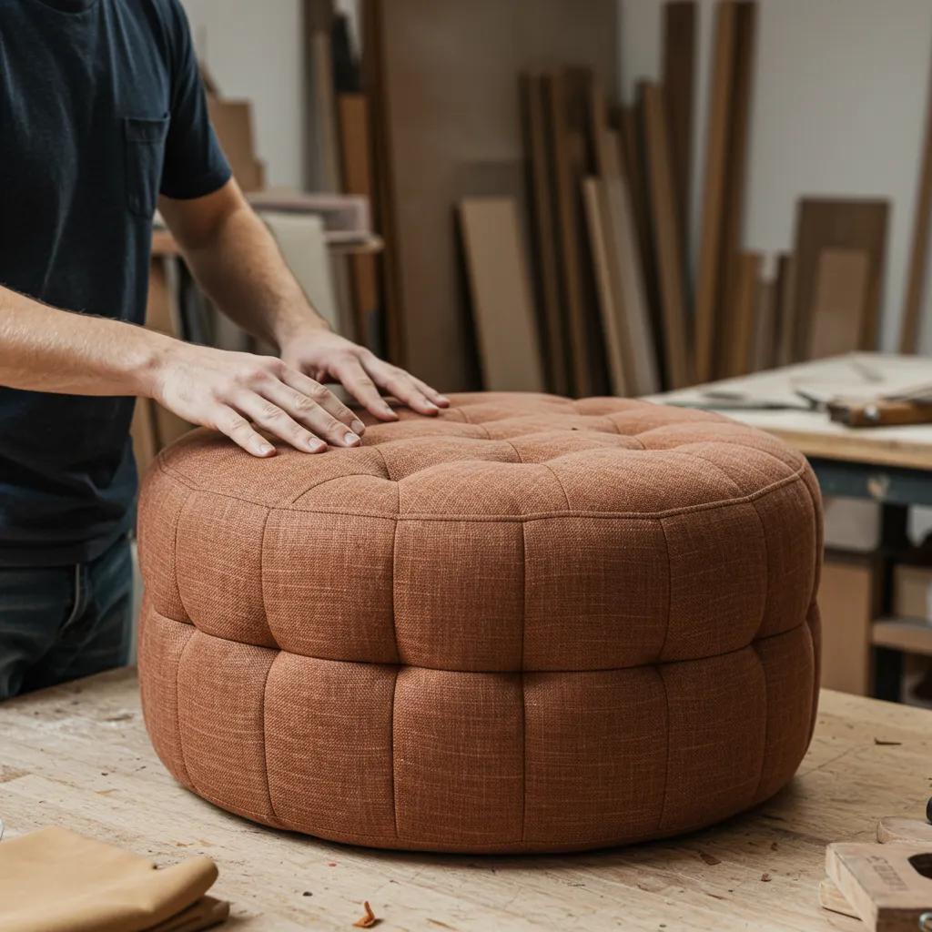 Craftsman creating a custom upholstered pouffe, showcasing unique craftsmanship and materials