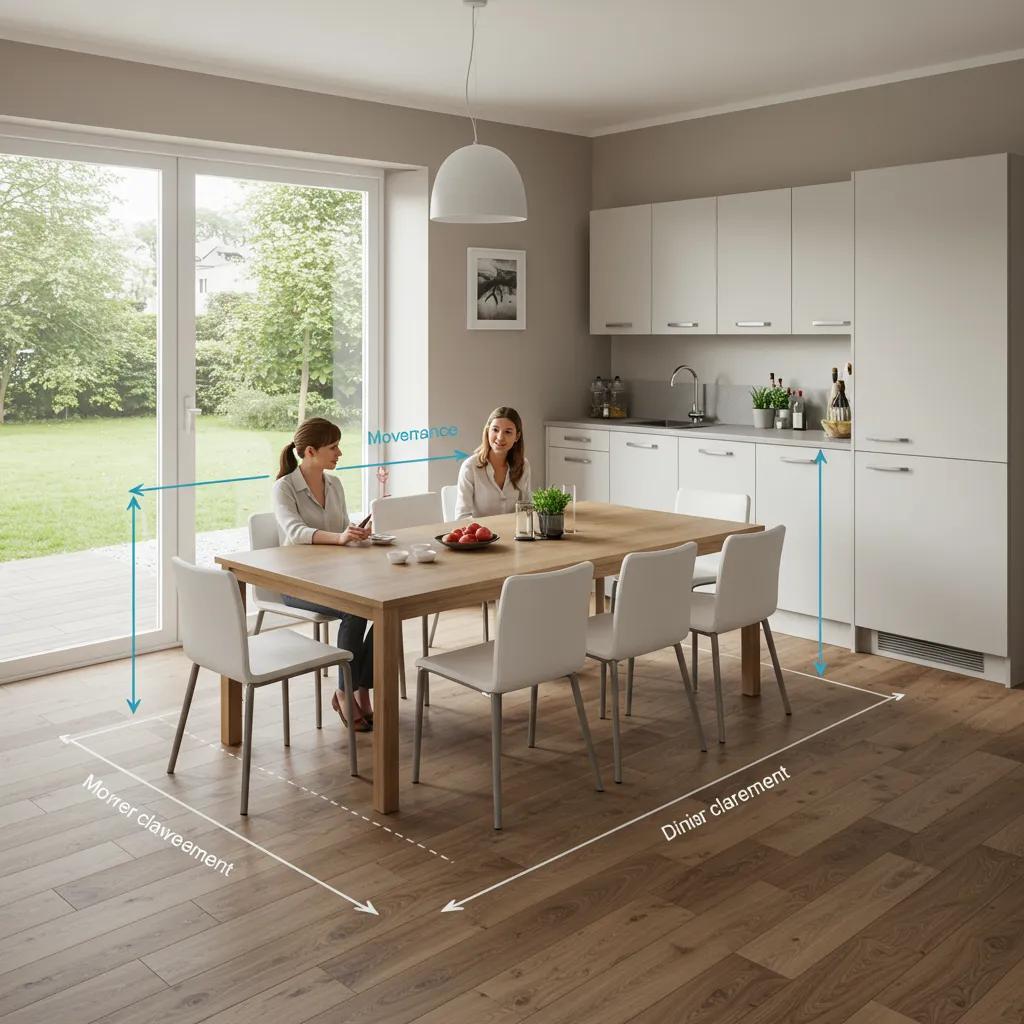 Dining table with marked clearance space around it, showing comfortable seating and movement