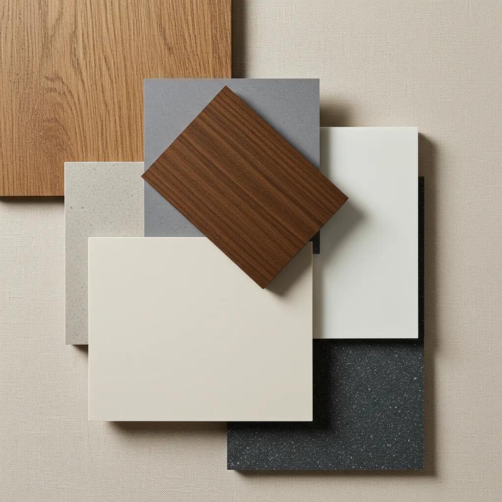 Display of various materials for extendable dining tables, showcasing textures and colors for stylish design