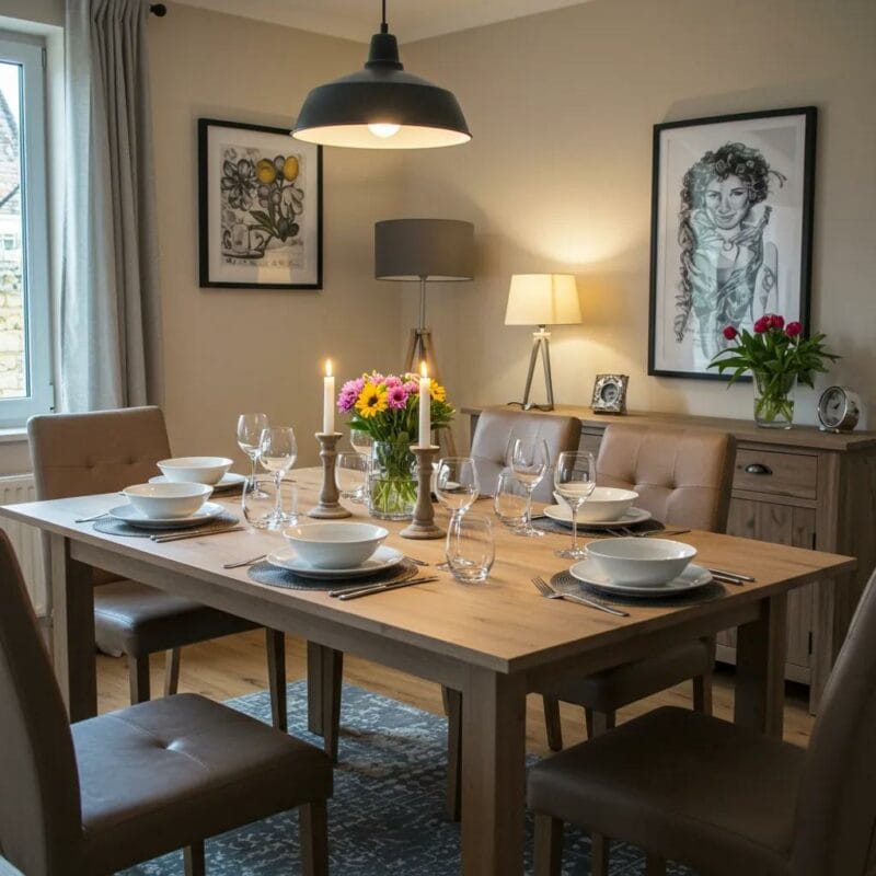 Elegant dining table setup showcasing various sizes and styles in a cozy dining room, ideal for Irish homes.
