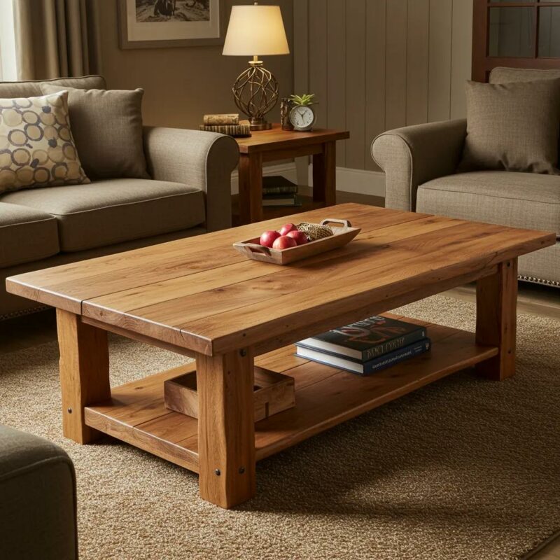 Handcrafted coffee table in a cozy living room, showcasing unique wood grain and artisan craftsmanship