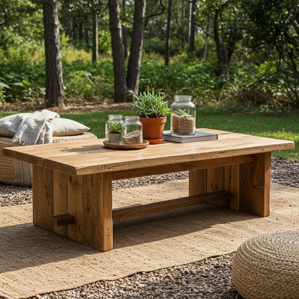 A beautiful handcrafted coffee table made from reclaimed wood, nestled in a natural outdoor setting, highlighting its sustainable journey