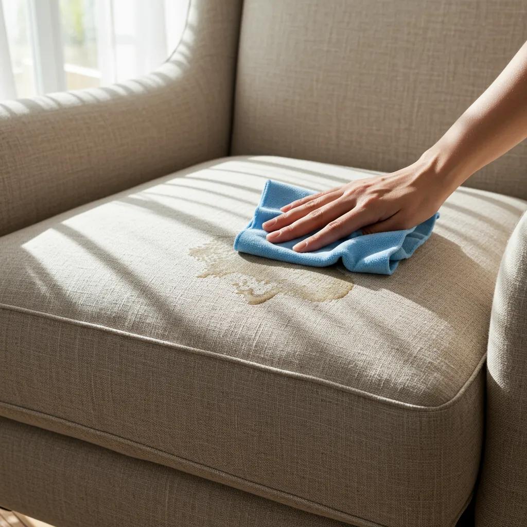 A person gently blotting a spill on a linen chair, illustrating proper and loving maintenance techniques for delicate upholstery