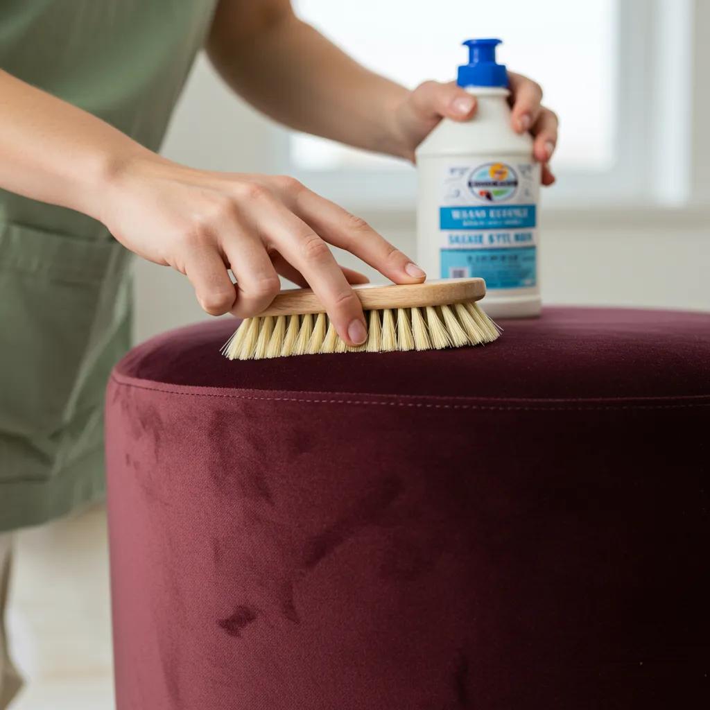 A person gently cleaning a velvet pouffe with a soft brush, demonstrating effective and loving upholstery care