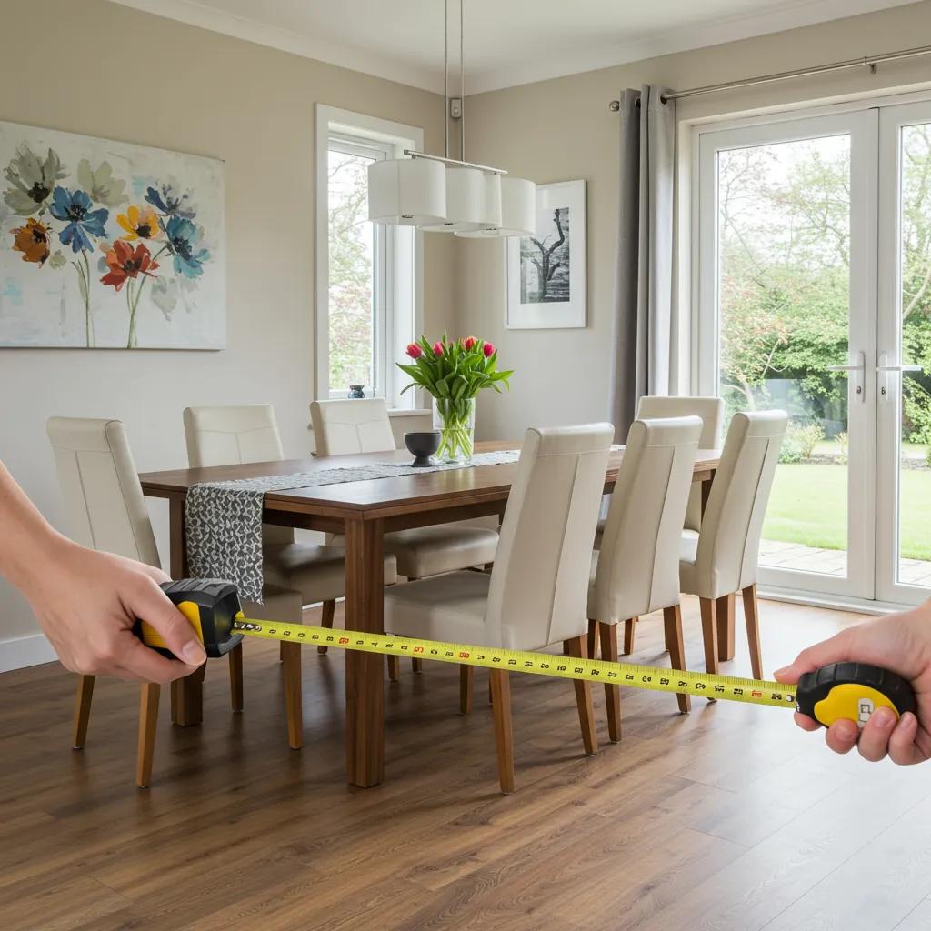 Person measuring dining room dimensions with a tape measure in a well-furnished space