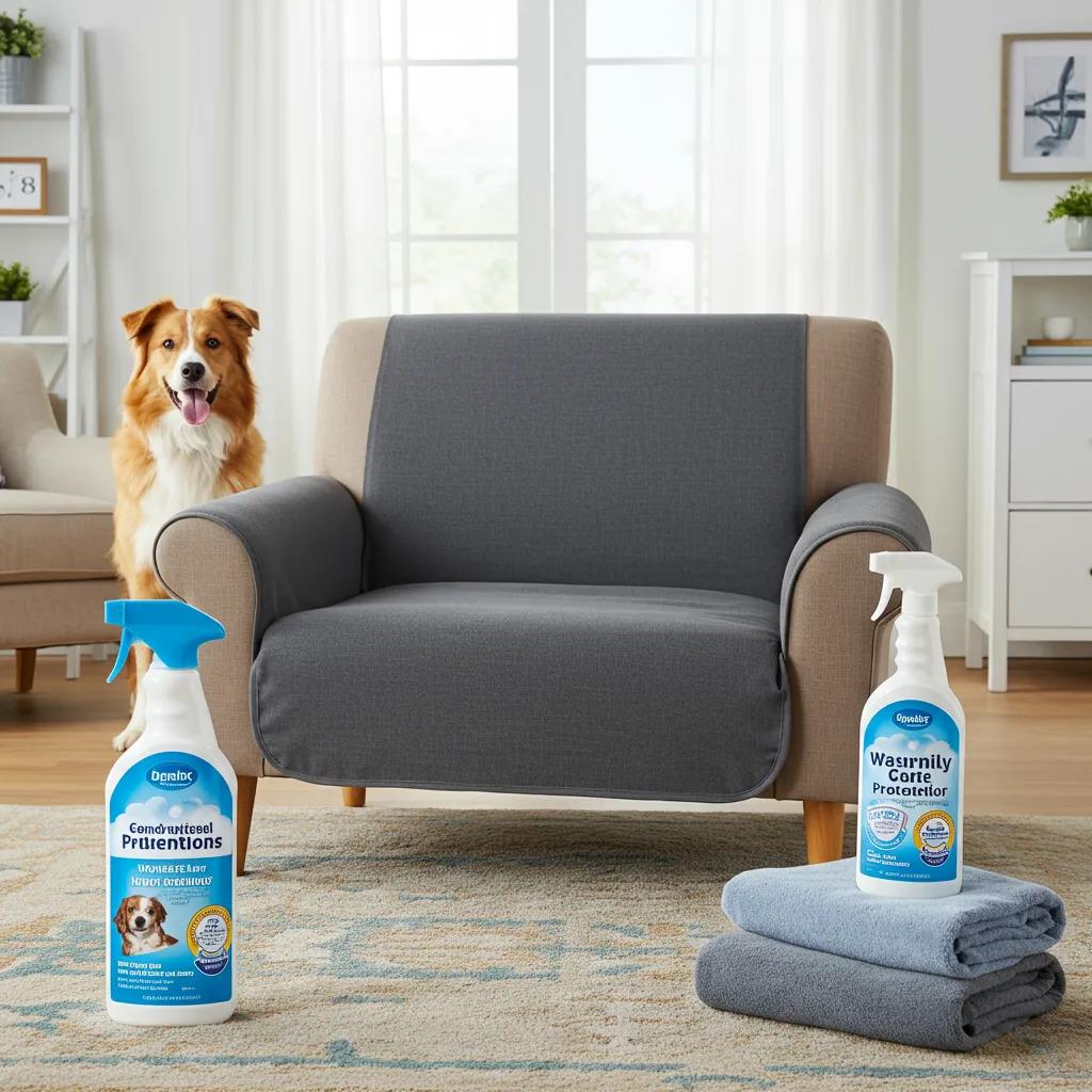 Pet-friendly furniture setup with washable covers and fabric protector spray, emphasizing preventative measures against stains