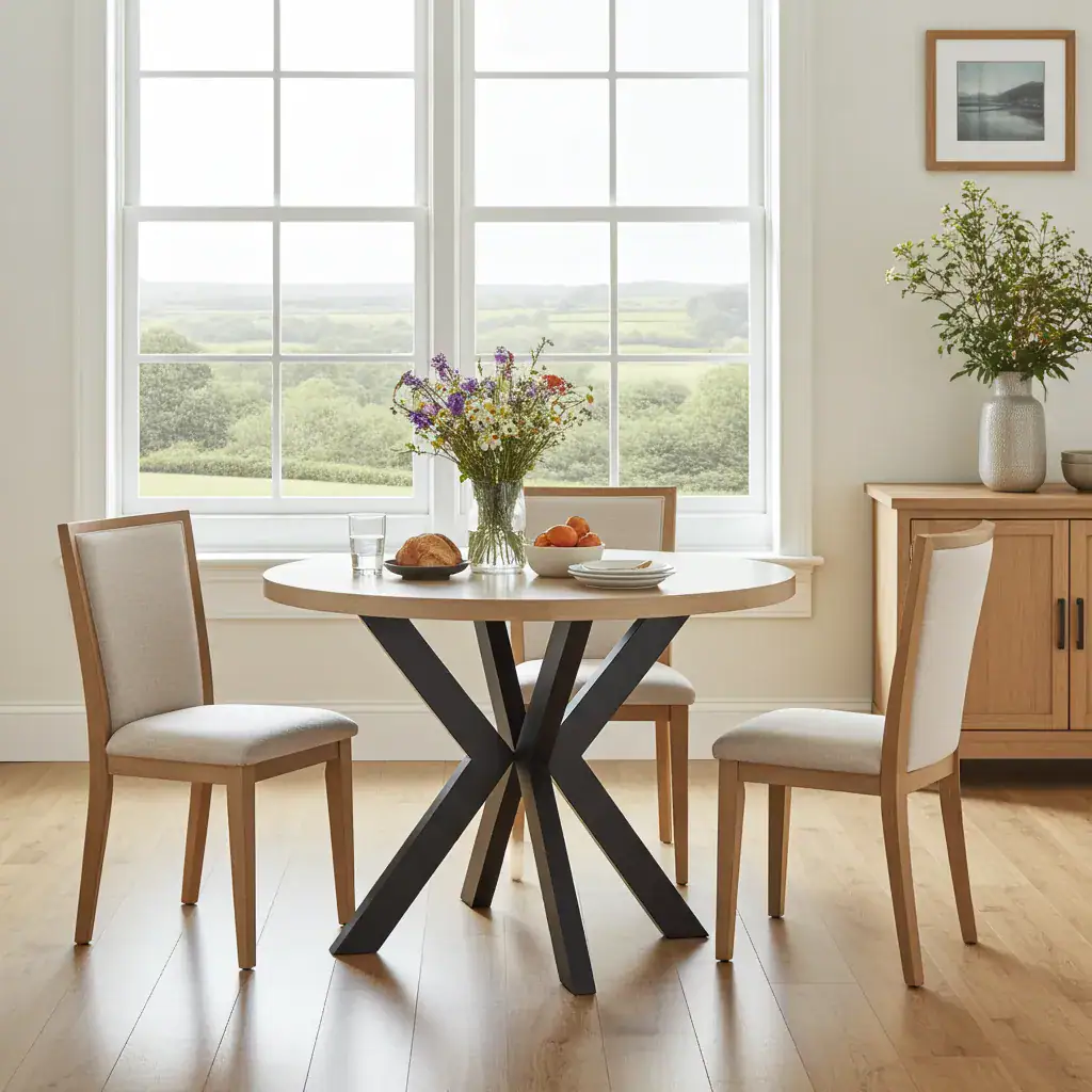 Round extendable dining table in Irish oak set for a family meal