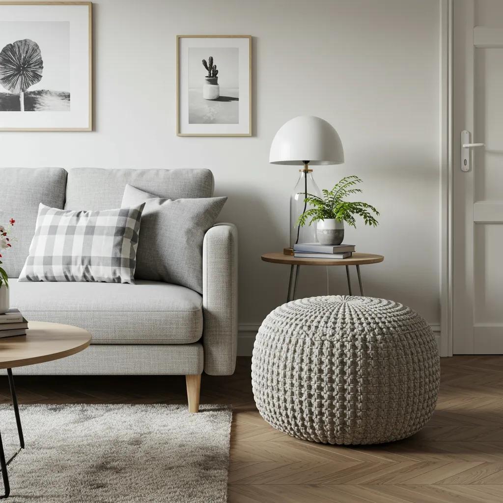 Round pouffe in a small living room, illustrating effective styling and space management