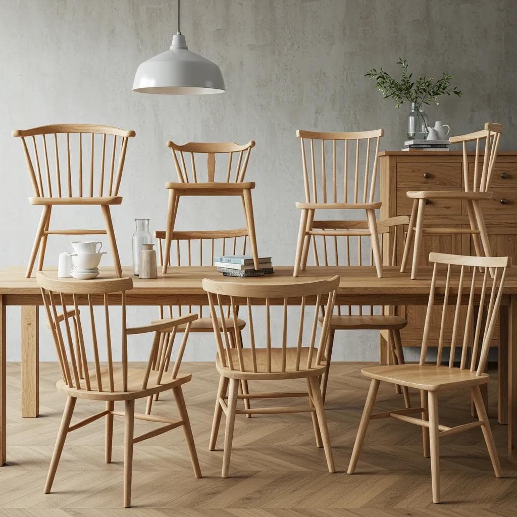 Selection of modern solid oak dining chairs in a stylish dining room setting