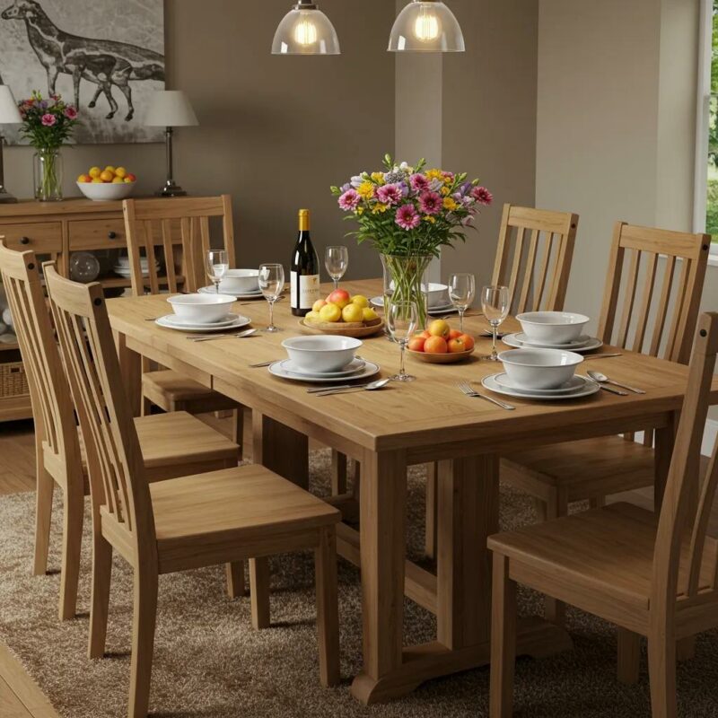 Solid wood dining table with elegant dinnerware and fresh flowers in a cozy home setting