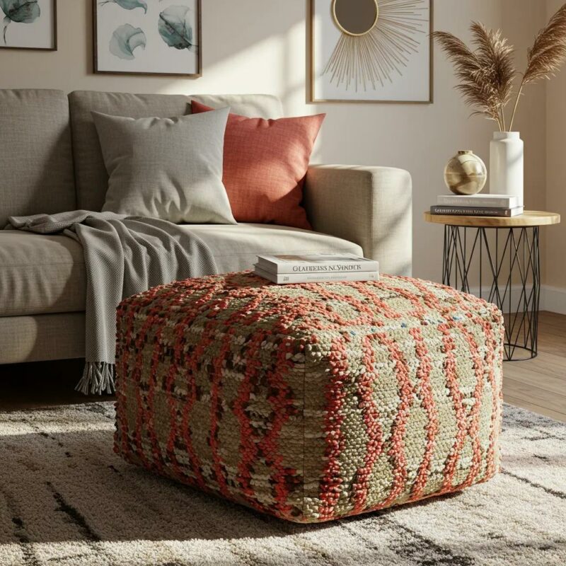 Stylish pouffe in a cozy living room, emphasizing comfort and design