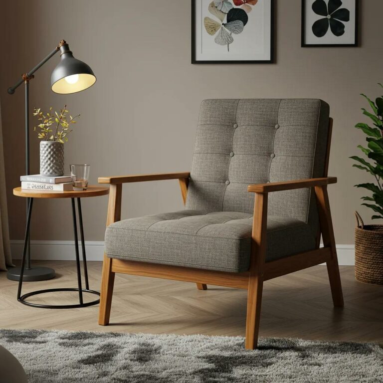 Stylish upholstered wooden armchair in a cozy living room setting, emphasizing comfort and durability