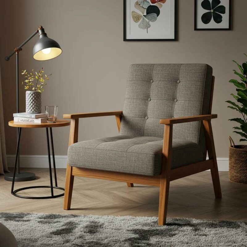 Stylish upholstered wooden armchair in a cozy living room setting, emphasizing comfort and durability