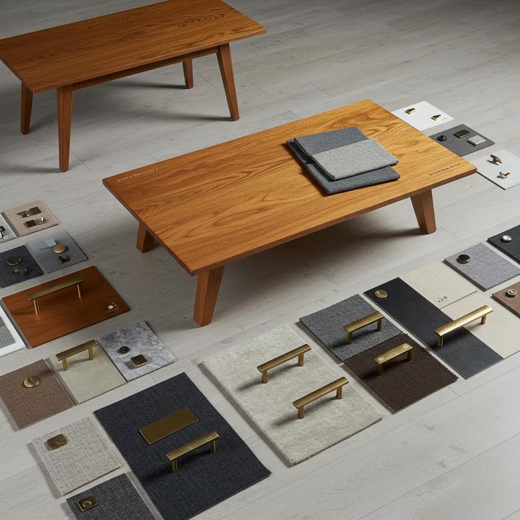 A delightful array of customisation options for handcrafted coffee tables, including rich wood finishes and luxurious fabric swatches