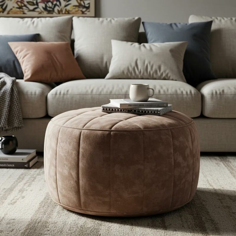 Velvet pouffe in a cozy living room, highlighting delicate fabric care and maintenance