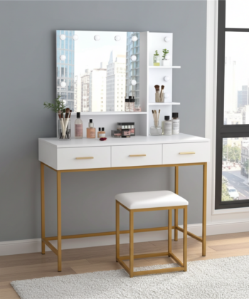 White and Gold Vanity Table with LED Mirror and Stool for Modern Bedrooms