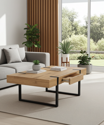 Ines Industrial Coffee Table with Drawer – Oak Top