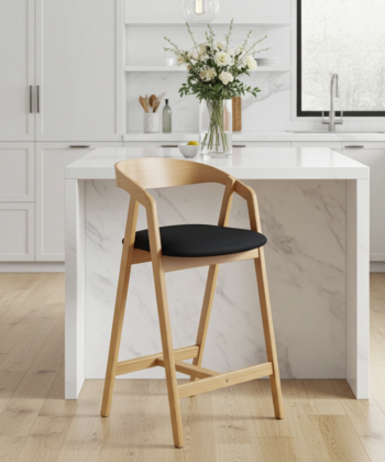 Nordic Oak Bar Stool with Backrest – Upholstered Chenille Seat