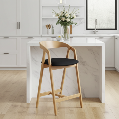 Nordic Oak Bar Stool with Backrest – Upholstered Chenille Seat