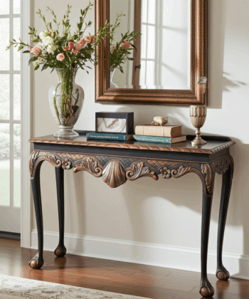 Regal Copper Shell Console Table – Hand-Restored Black & Copper Hallway Table 106x45x77 cm