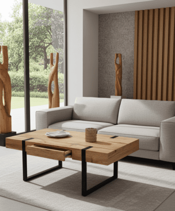 Ines Industrial Coffee Table with Drawer – Oak Top