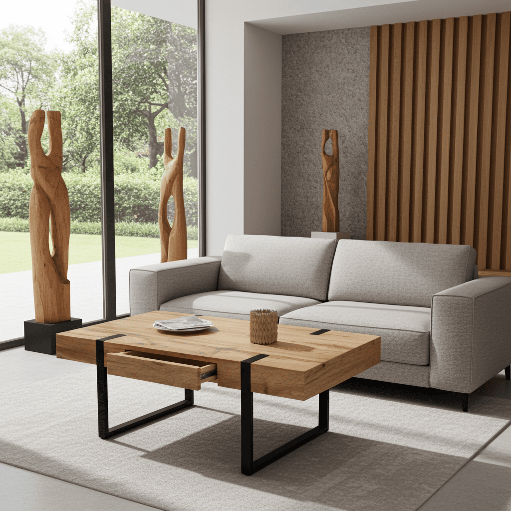 Ines Industrial Coffee Table with Drawer – Oak Top