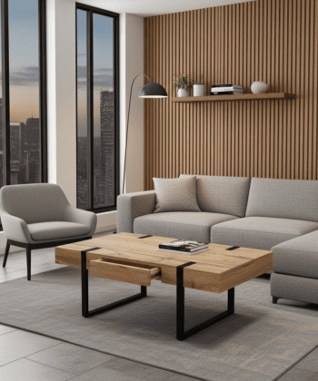 Ines Industrial Coffee Table with Drawer – Oak Top