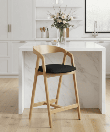 Nordic Oak Bar Stool with Backrest – Upholstered Chenille Seat