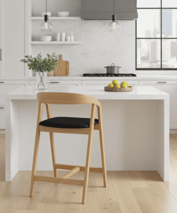 Nordic Oak Bar Stool with Backrest – Upholstered Chenille Seat