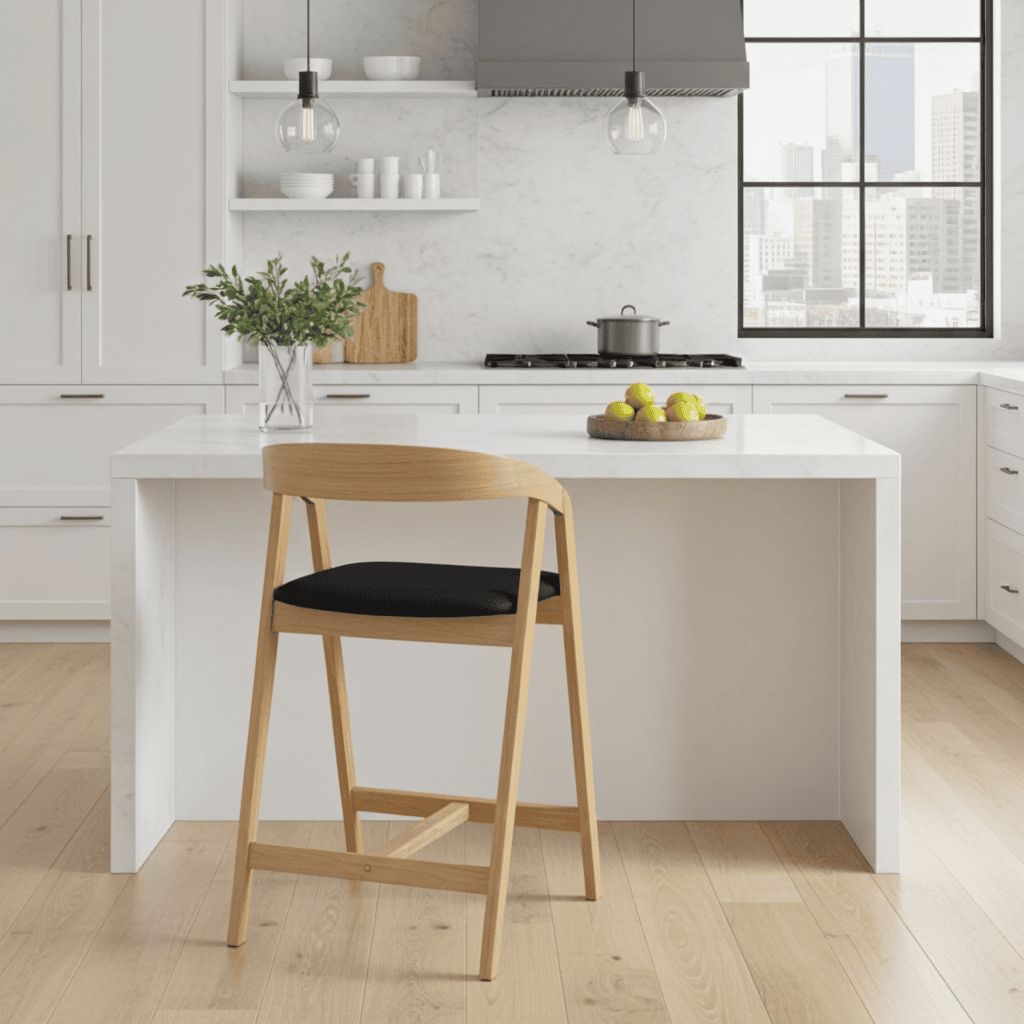 Nordic Oak Bar Stool with Backrest – Upholstered Chenille Seat