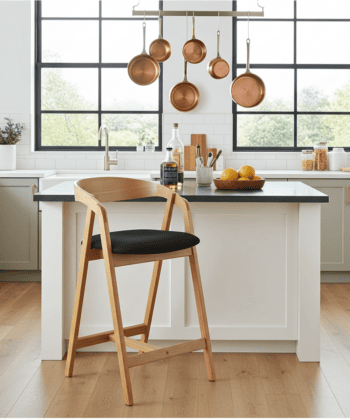Nordic Oak Bar Stool with Backrest – Upholstered Chenille Seat
