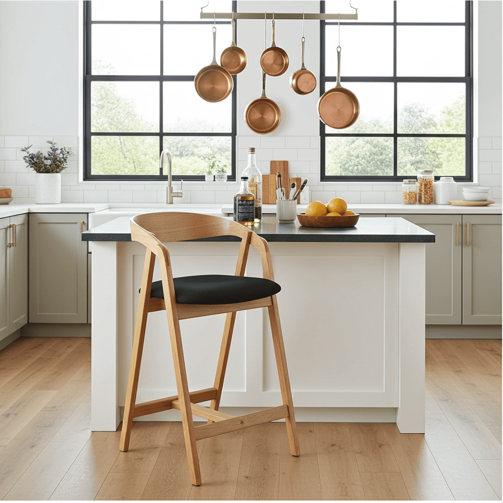 Nordic Oak Bar Stool with Backrest – Upholstered Chenille Seat