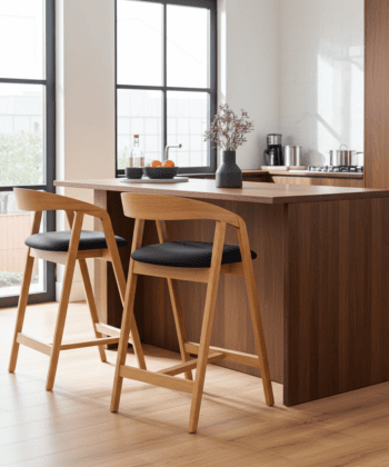 Nordic Oak Bar Stool with Backrest – Upholstered Chenille Seat