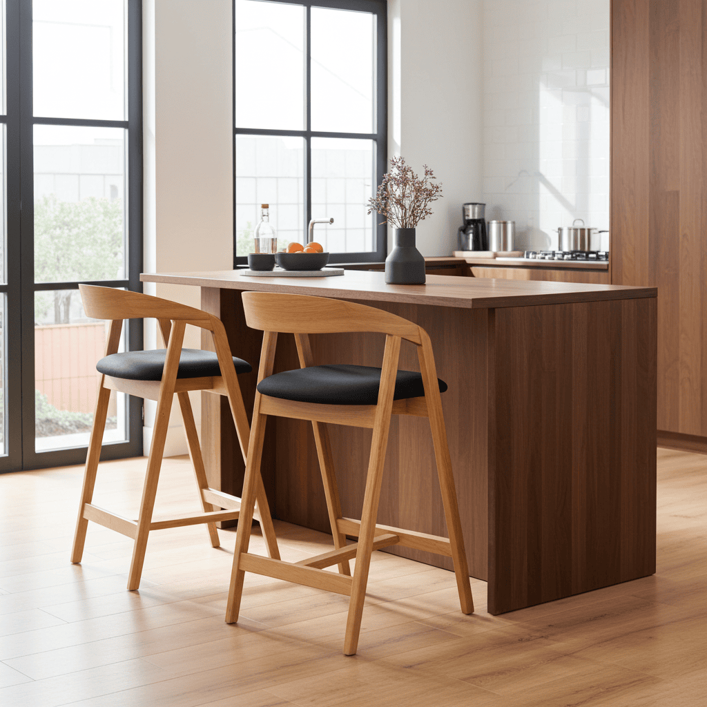 Nordic Oak Bar Stool with Backrest – Upholstered Chenille Seat