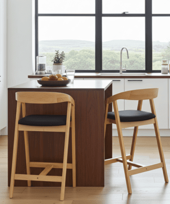 Nordic Oak Bar Stool with Backrest – Upholstered Chenille Seat