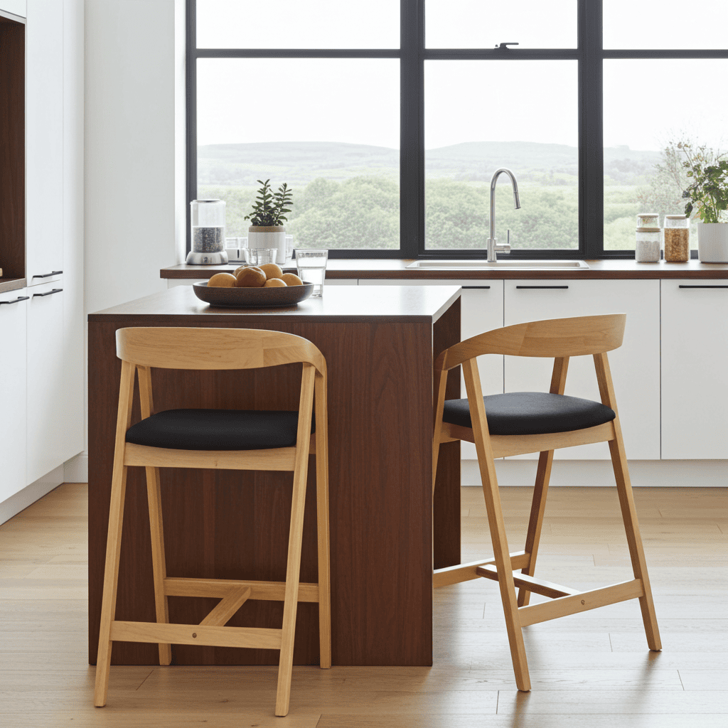 Nordic Oak Bar Stool with Backrest – Upholstered Chenille Seat