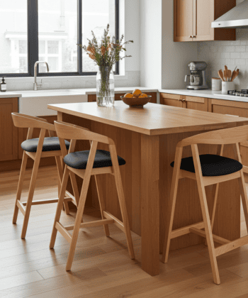 Nordic Oak Bar Stool with Backrest – Upholstered Chenille Seat
