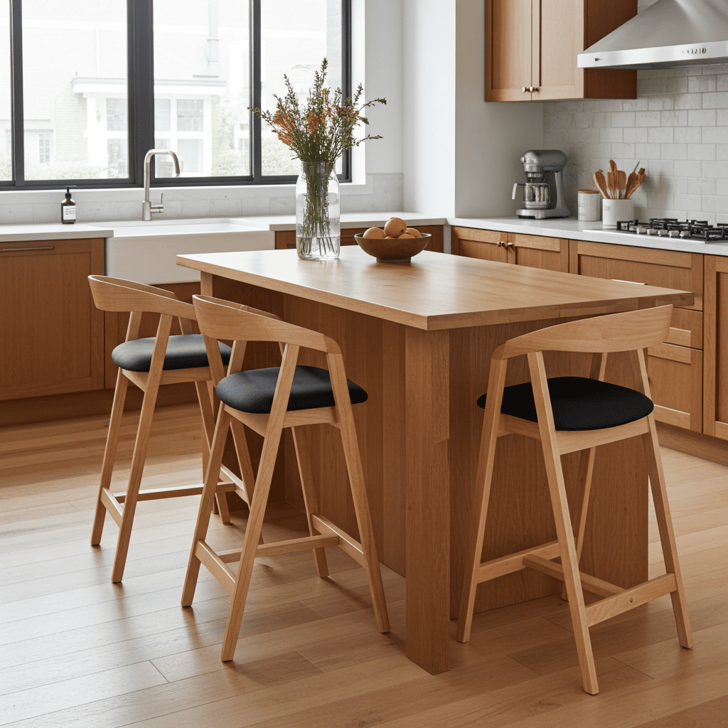 Nordic Oak Bar Stool with Backrest – Upholstered Chenille Seat