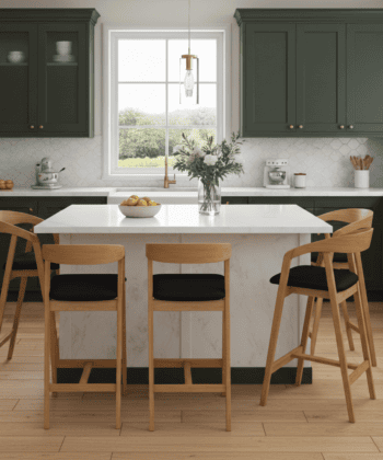 Nordic Oak Bar Stool with Backrest – Upholstered Chenille Seat