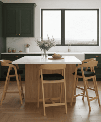 Nordic Oak Bar Stool with Backrest – Upholstered Chenille Seat