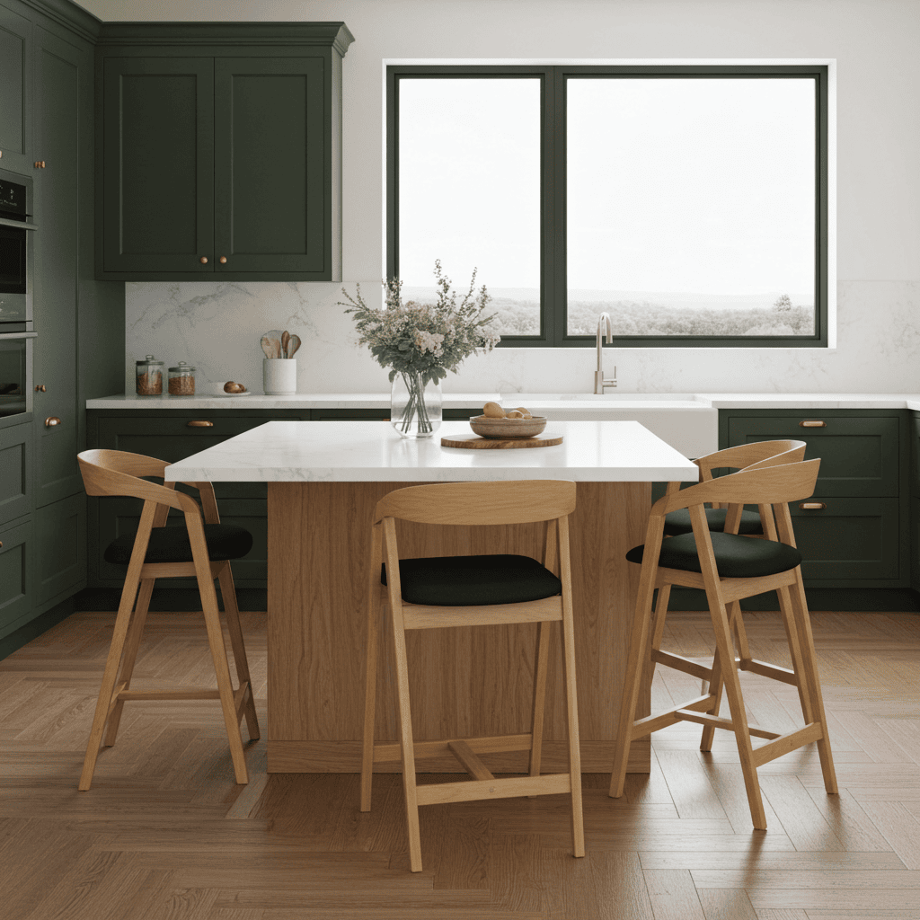 Nordic Oak Bar Stool with Backrest – Upholstered Chenille Seat