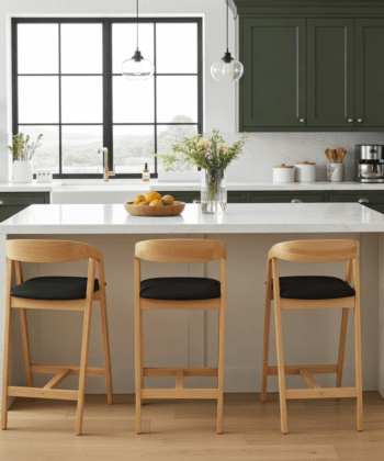 Nordic Oak Bar Stool with Backrest – Upholstered Chenille Seat