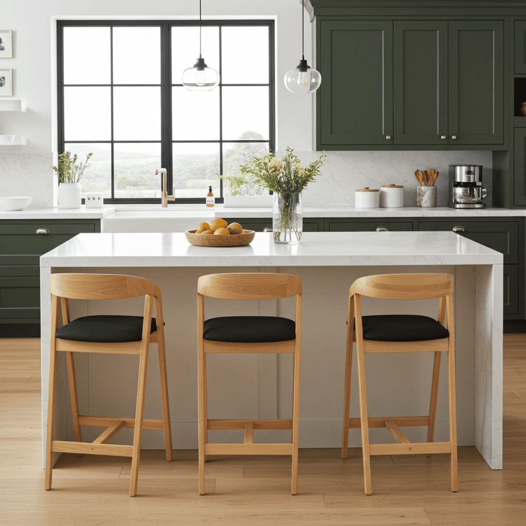Nordic Oak Bar Stool with Backrest – Upholstered Chenille Seat