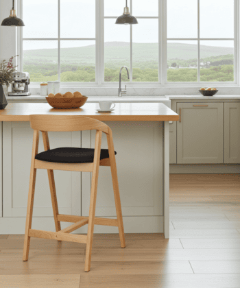 Nordic Oak Bar Stool with Backrest – Upholstered Chenille Seat