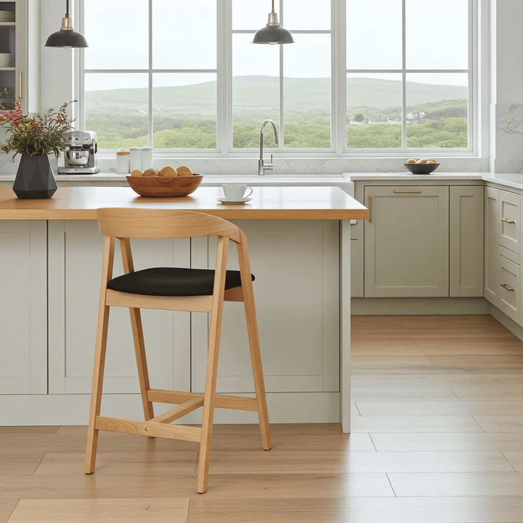 Nordic Oak Bar Stool with Backrest – Upholstered Chenille Seat