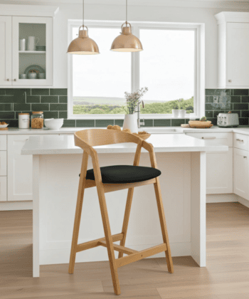 Nordic Oak Bar Stool with Backrest – Upholstered Chenille Seat